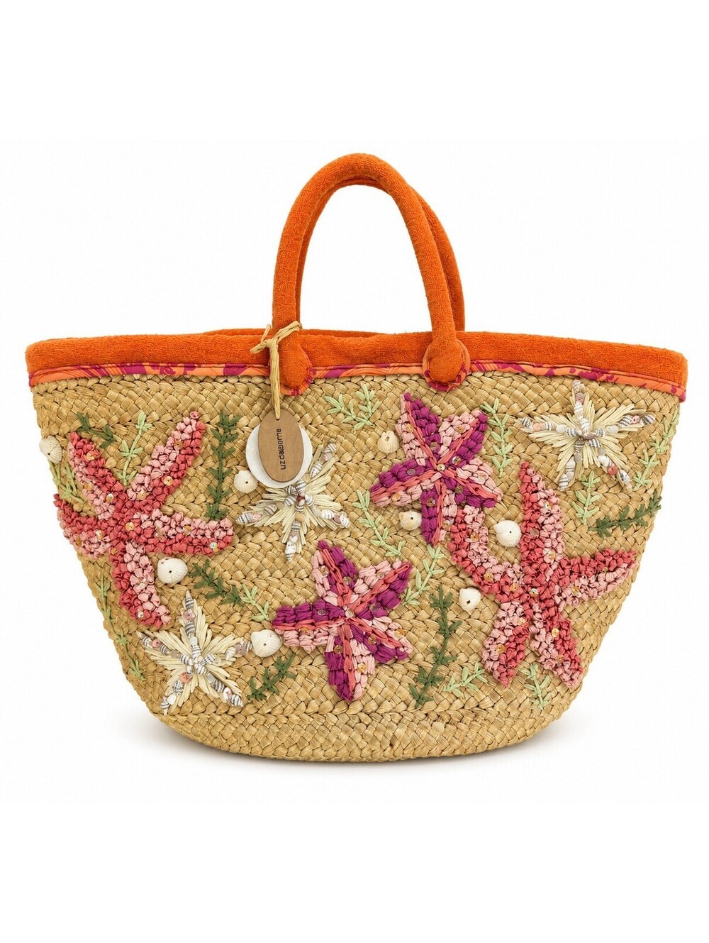 Liz Claiborne Large Straw Beach Tote Terry Cloth Coral Starfish Shell Sequin Bag